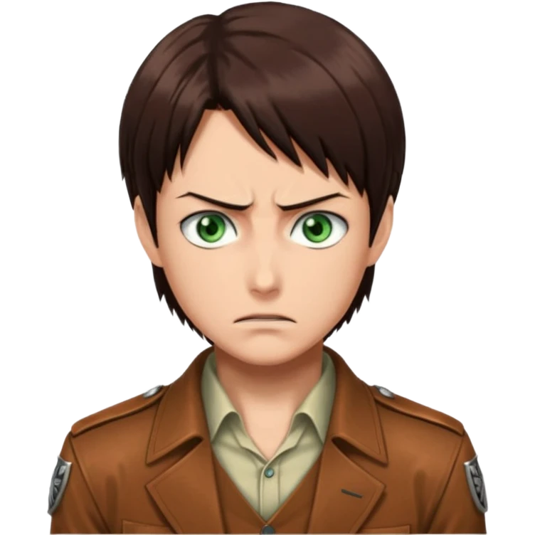 “Create an avatar that looks like Eren Yeager from Attack on Titan, Season 3 — sharp jawline, tied-back long brown hair, intense green eyes, serious expression.” emoji