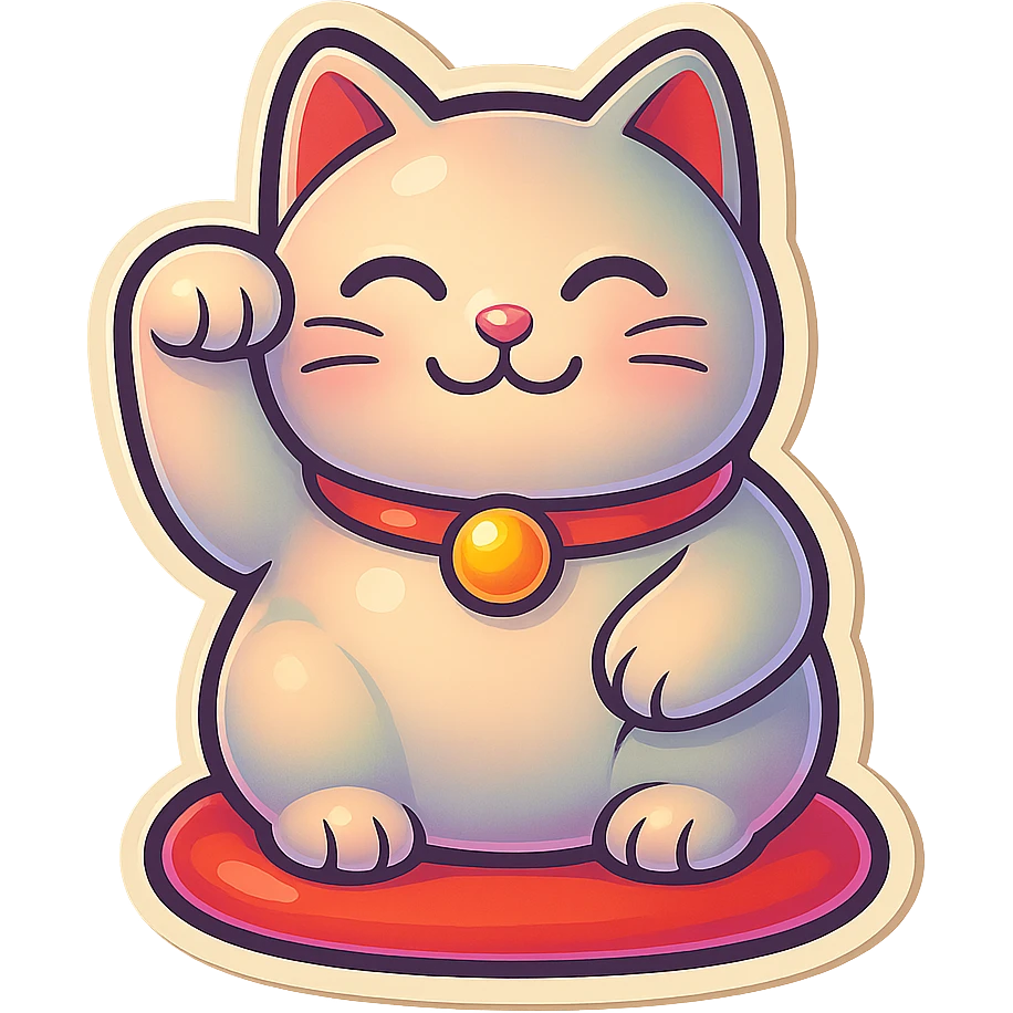 A plump maneki-neko cat as in the reference, with the right paw raised (from viewer's perspective), sitting on a cushion. Style is retro-stickers with thin clean outlines, soft rounded shapes, detailed drawing with shadows and highlights, pastel palette #98B5BC, #B5B3C1, #C9A3C9, #E4C0CA, #F7DCD1, #F7C0AA, modern Japanese pop-art, soft lighting, transparent background. emoji