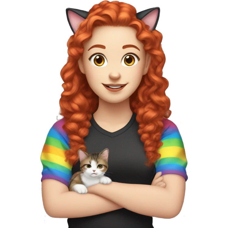 a white girl with long red curly hair in a pony tail with rainbow shirt does peace sign wearing cat ears one black other white emoji