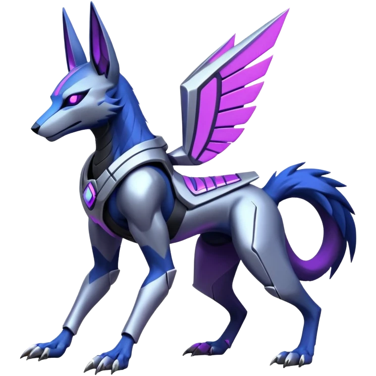 Silver and indigo and purple and violet cyberpunk intricate neon glowing grey white futuristic cyborg-Anubis-Zeraora-Zoroark-fusion (full body) emoji