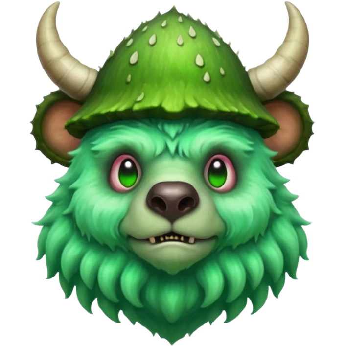 poisonous mushroom bear monster portrait, head and shoulders only, bear-like face, mushroom cap horns, toxic green aura, fluffy neck fur, fantasy beast style, 3D cartoon, mobile game icon style, clean background, no text, no watermark

 emoji