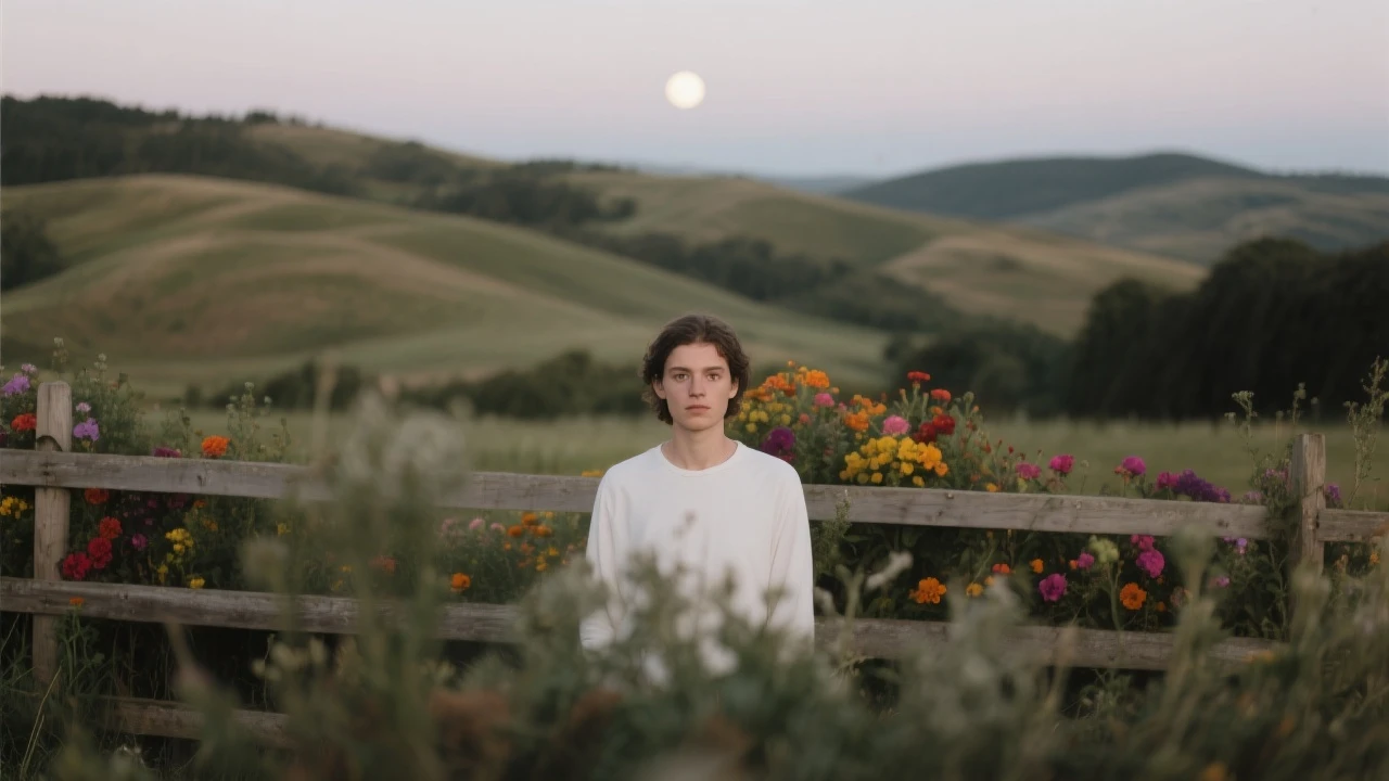 A portrait of a white person in the foreground, blurred plants in the foreground, a wooden fence and colorfull flowers in the midground, rolling hills in the background, cinematic depth of field, layered composition, moon back light emoji