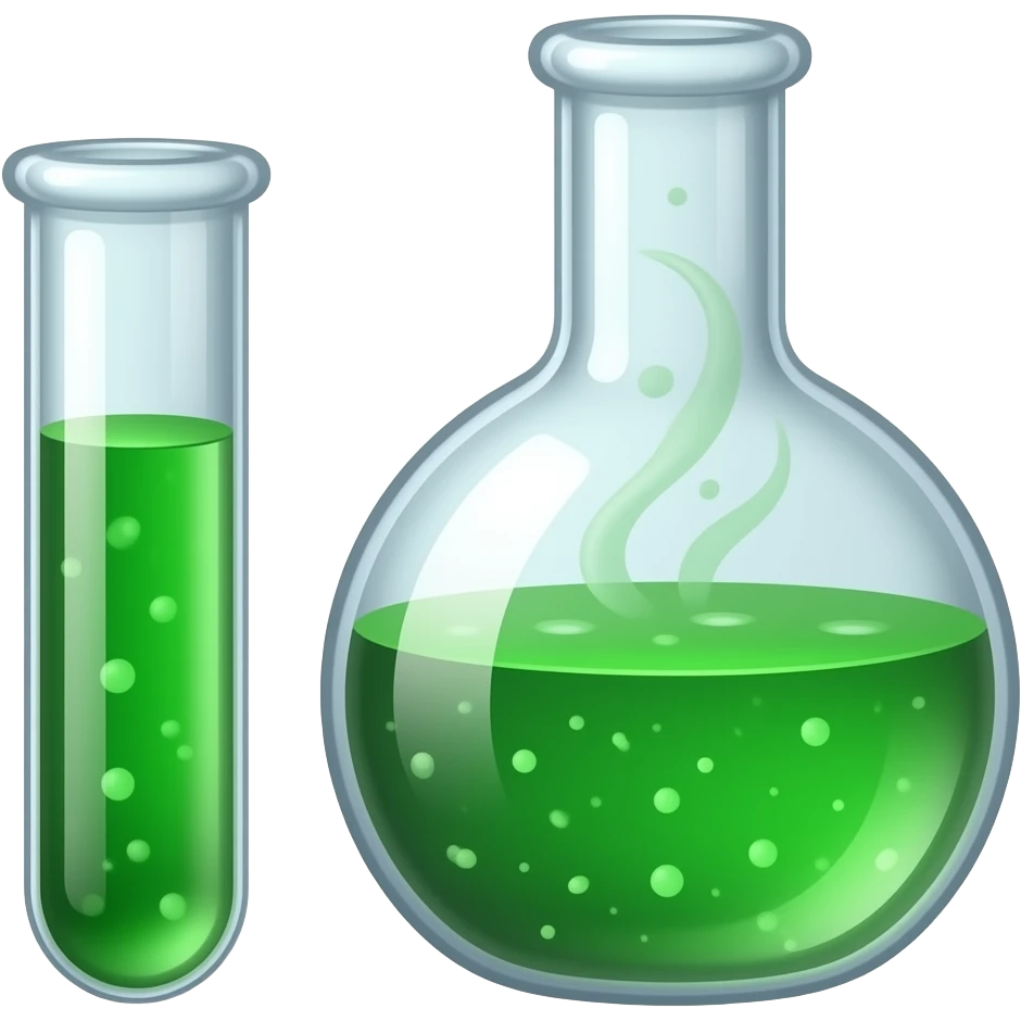 Highly detailed fantasy illustration of two glass lab vessels, a thin test tube and a round flask, filled with glowing green acid with faint fumes rising, subtle reflections on the glass, warm parchment lighting, semi‑realistic painterly shading, transparent background, square composition, no text. emoji