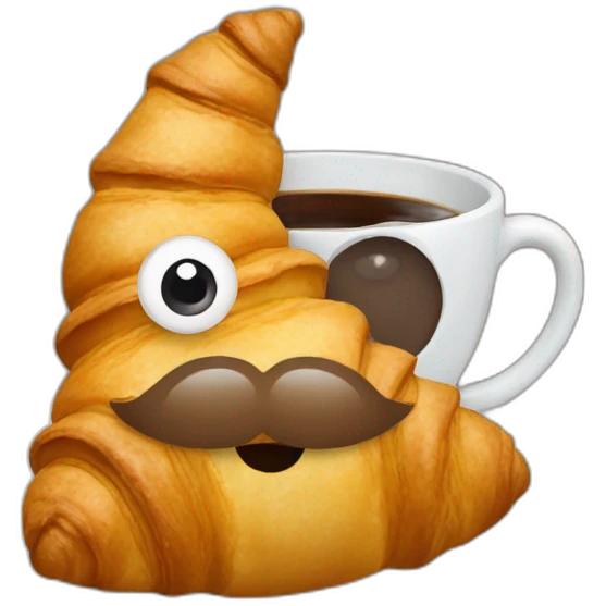A croissant with eyes, mouth and a mustache that drinks a cup of coffee emoji