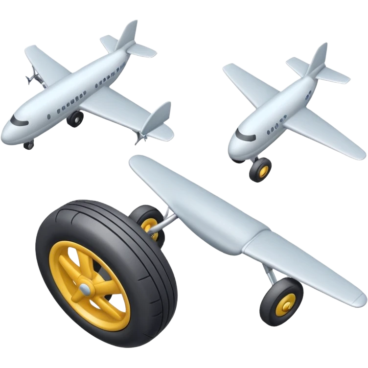 Isometric view of airplane landing gear in emoji style — one inflated, puffy wheel with a strut, soft 3D look, rounded shapes, clean and cartoon-like emoji
