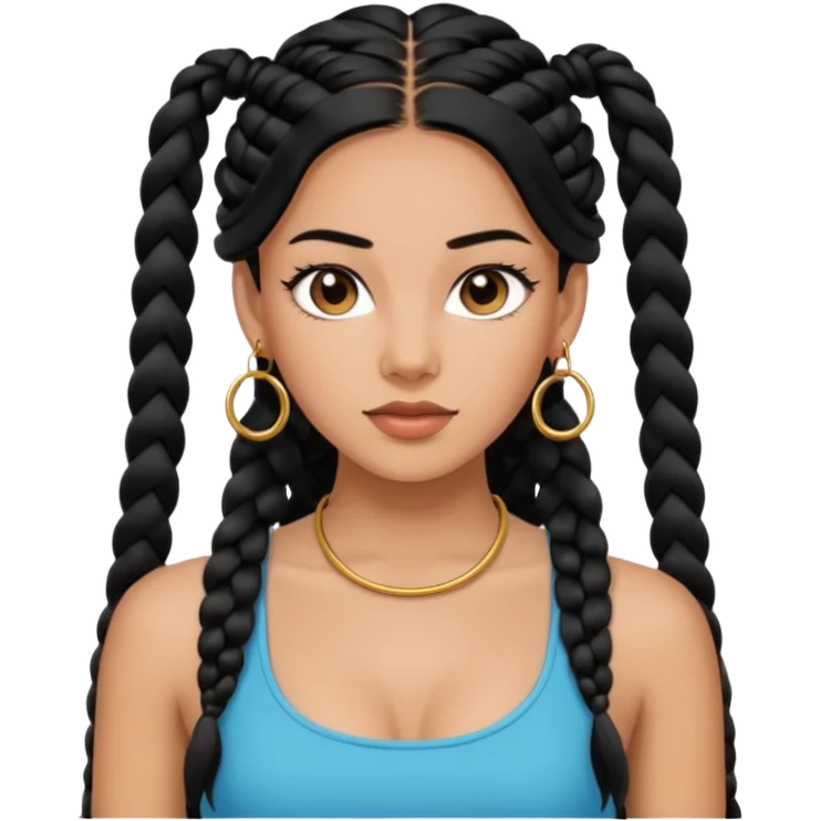 young fashionable woman, long braided black hair, wearing a crop top and hoop earrings, confident look emoji