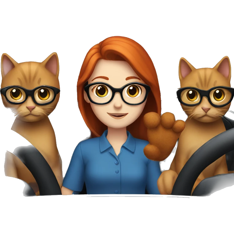 Redhead girl glasses driving blue with 2 black cats  emoji