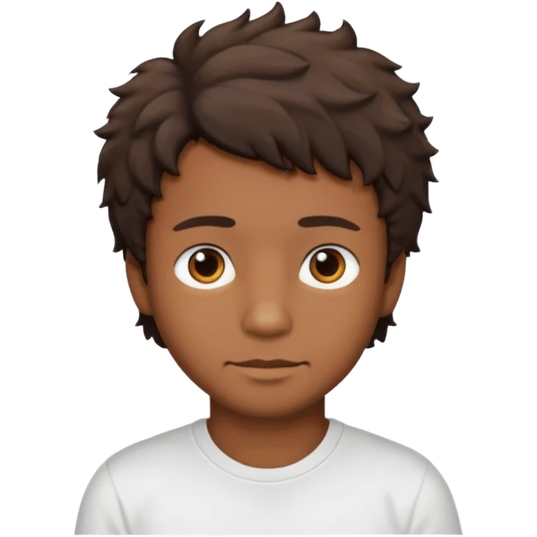 Homme brun cheveux court ondulé. Métisse. Yeux marrons très foncé. Avec t-shirt blanc avec du duvet  emoji