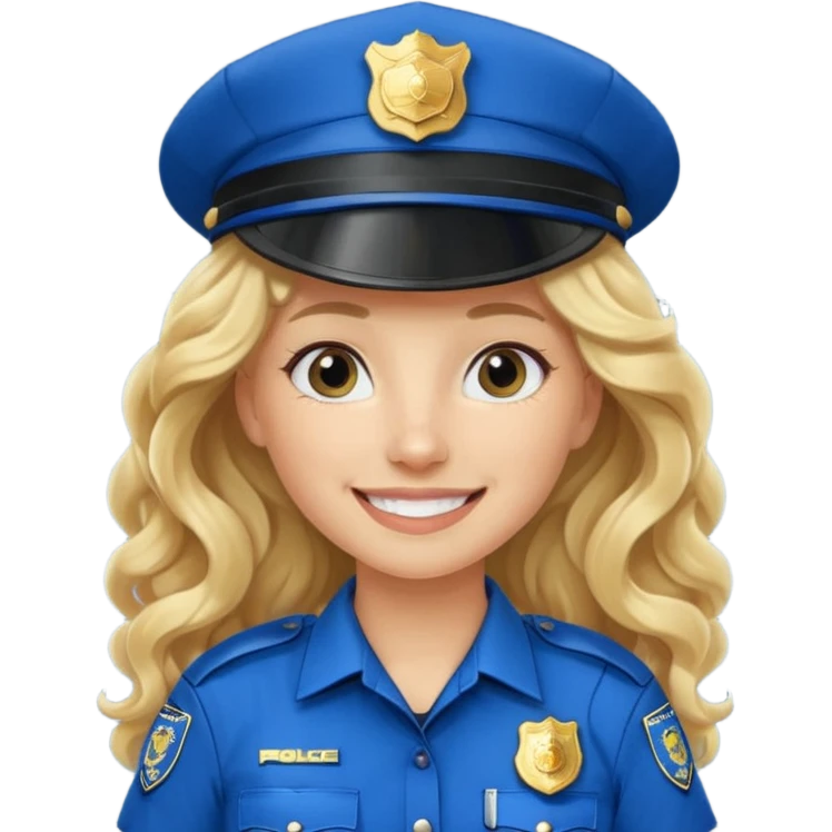 Female POLICE IN blue, long blonde curly hair, happy smile emoji