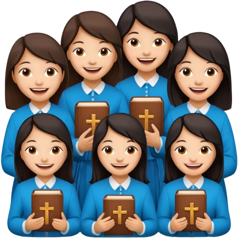 eight asian girls laughing with each other holding bibles and crosses and emoji