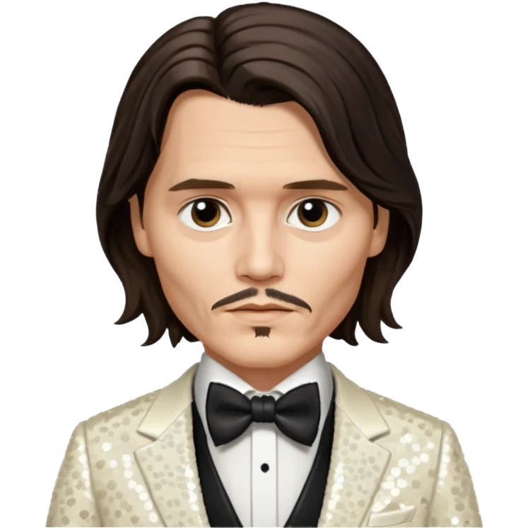 Johnny Depp with long dark brown hair hair, ivory sequin suit with bow tie emoji