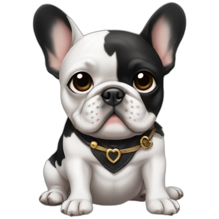 A french bulldog with black and white colors, one eye black, like a pirate, sitting on the ground, making a heart emoji emoji