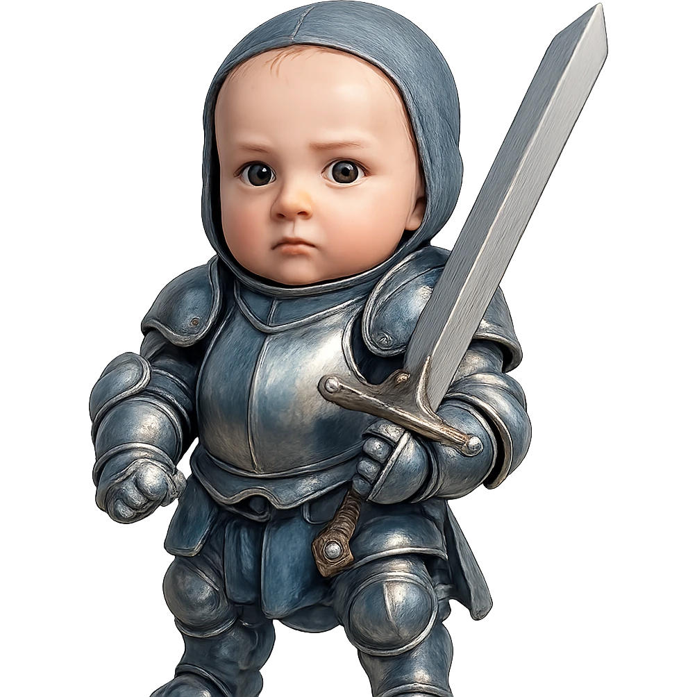 baby warrior dressed in shiny blue and silver plate armor, carrying a large sword, noble and bold knightly appearance emoji