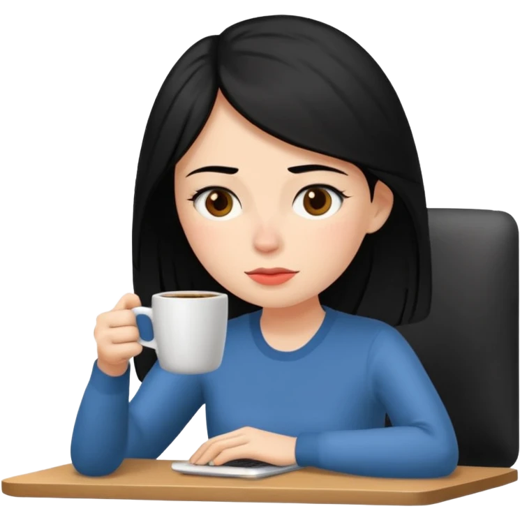 컴퓨터로 작업하면서 커피를 많이 마시고 있는 피곤해보이는 검은머리 여자 emoji