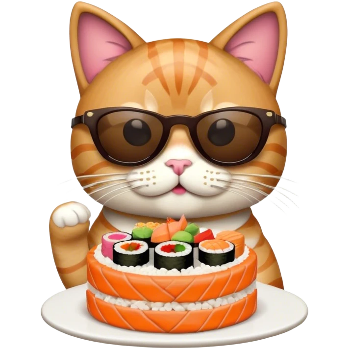 cool cat wearing sunglasses eating a birthday cake made out of sushi emoji
