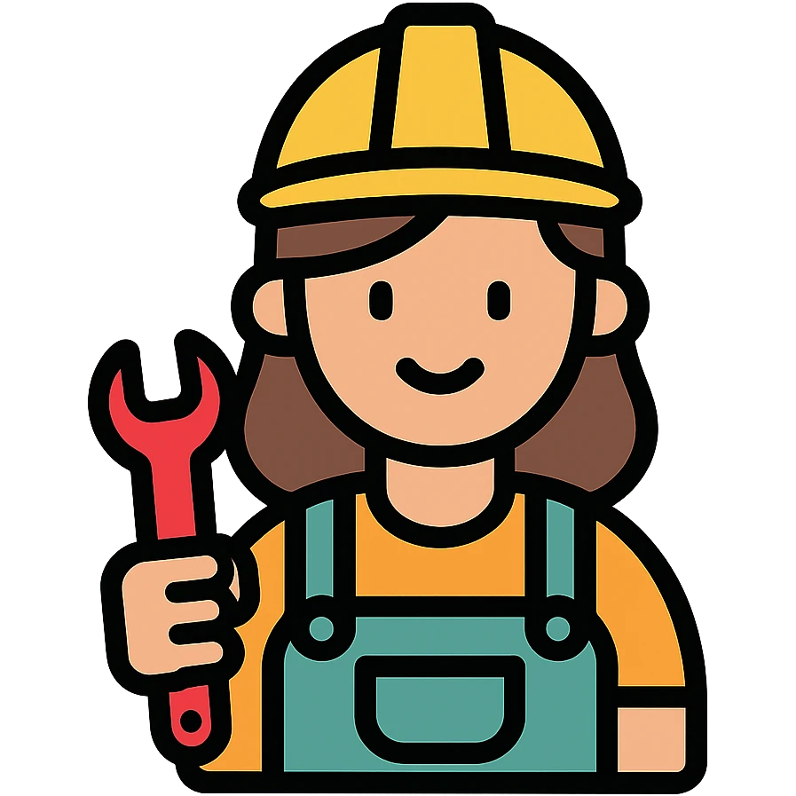 female plumber, woman in overalls with a wrench, friendly expression, color outline icon style emoji