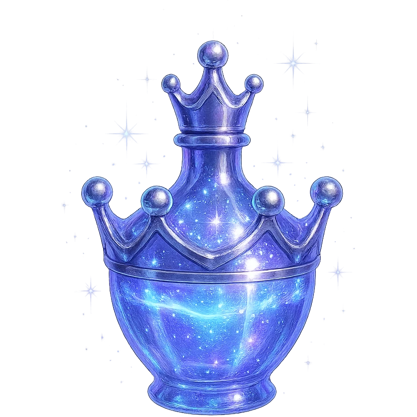 small crown-shaped luxurious elixir bottle, color #7986cb, iridescent and silver details, intense magical glowing and sparkling effects, very small neck, seamless bottom, transparent background, floating, no base or shadow, modern, matching a collection emoji