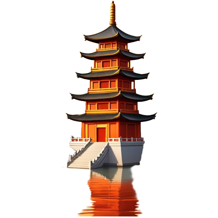 Leifeng Pagoda in the Sunset, West Lake Hangzhou, simplified emoji style, traditional Chinese pagoda with sunset glow, cartoon style emoji