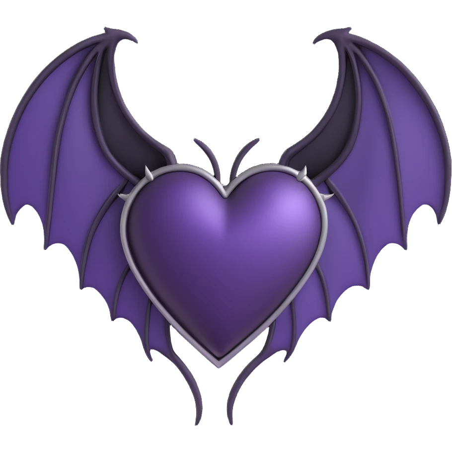 gothic heart, deep purple satin texture, silver bat wings, mysterious and dark emoji