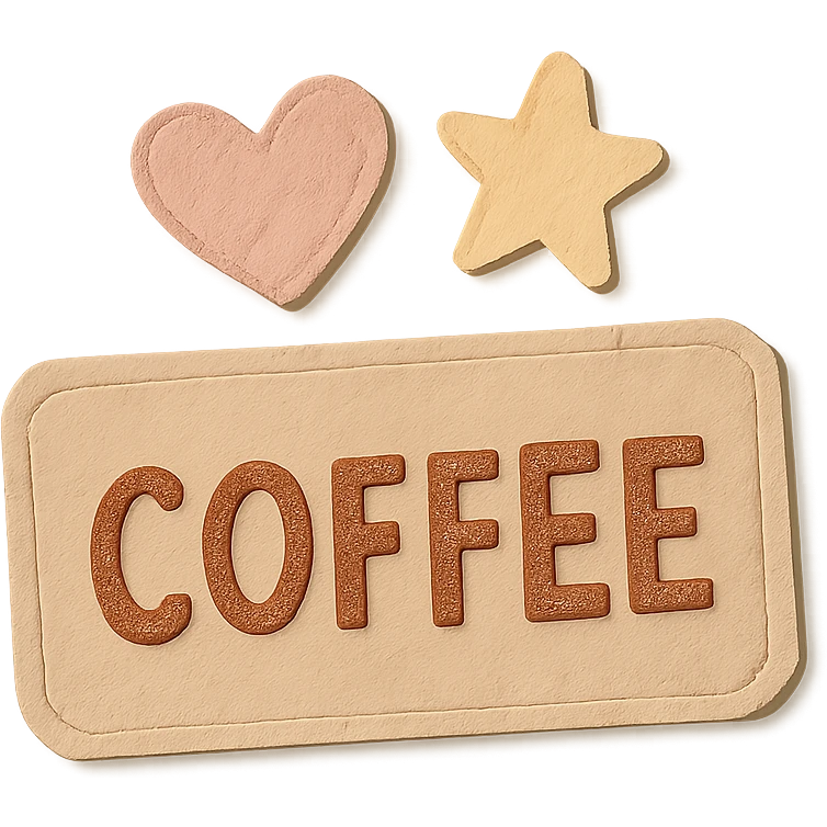 pastel brown coffee label sticker shapes, heart and star, hand-drawn style, transparent background emoji