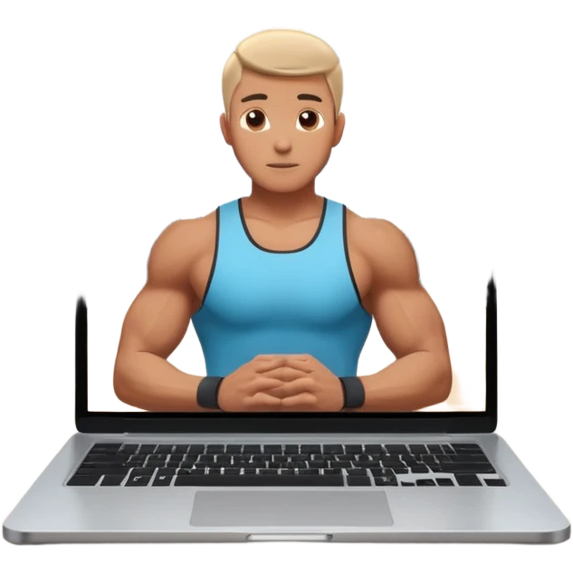 Open laptop on a dark background, showing a male fitness trainer inside a modern professional gym on the screen— smooth rounded edges, soft lighting, no text or logos, minimalistic and high-quality rendering. Only the laptop is visible, centered emoji