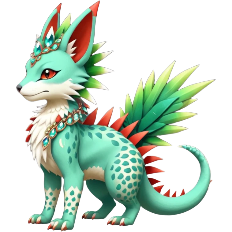 Kawaii cute greenish reddish colorful warm-colored exotic tropical beautiful pretty elegant divine edgy feline-vernid-sergal-Fakémon-Pokémon-fursona-animal-creature with accessories, jewelries, full body, with intricate detailed markings, spikes, crystals, fins, scales, spiny, feathered, headdress emoji