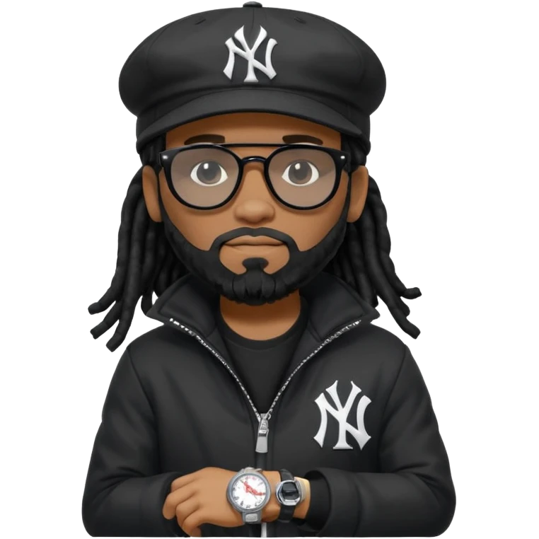 African American man with shoulder length black dreadlocks with black beard wearing black sunglasses wearing a black bubble winter coat and a New York Yankees logo baseball cap looking at watch emoji