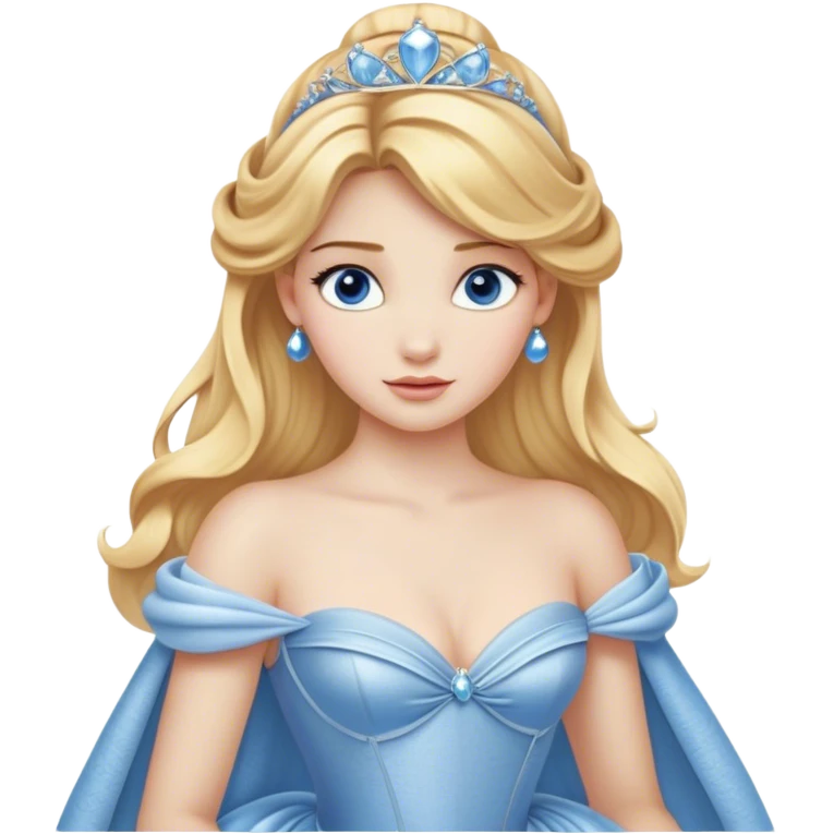 Cinematic Realistic Cute Cinderella Portrait, featuring fair, luminous skin with finely detailed texture and softly lit golden-blonde hair cascading in gentle waves. Her warm, inviting blue eyes sparkle with youthful charm and curiosity, while her classic, elegantly draped ball gown reveals meticulously rendered fabric details and natural folds. The overall composition is bathed in a gentle, realistic radiance that exudes both playfulness and heartfelt beauty. emoji