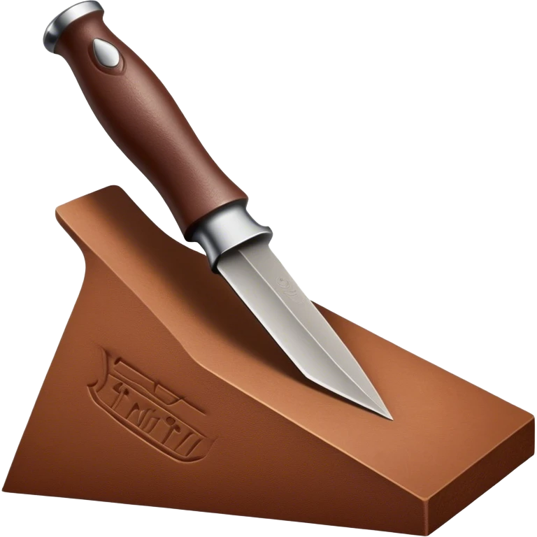 Leatherworking icon, piece of raw leather with started engraving, engraving tool or chisel, stamp or press, textured surface, minimalistic style, clean lines, transparent background. emoji