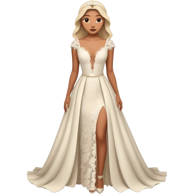 A modern lace wedding gown with a deep plunging neckline, cap sleeves, and a flowing skirt featuring two high front slits for a bold and romantic look.
 emoji