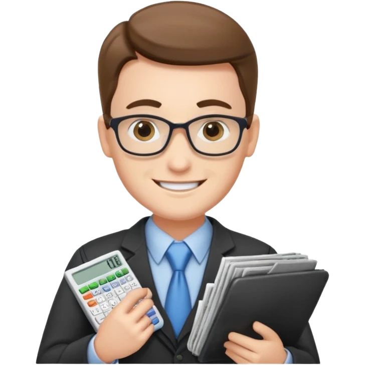 emoji, of a male AUDITOR smiling with Finance spreadsheet , a calculator,plus ADD A puzzle and a Balance for accounting. emoji