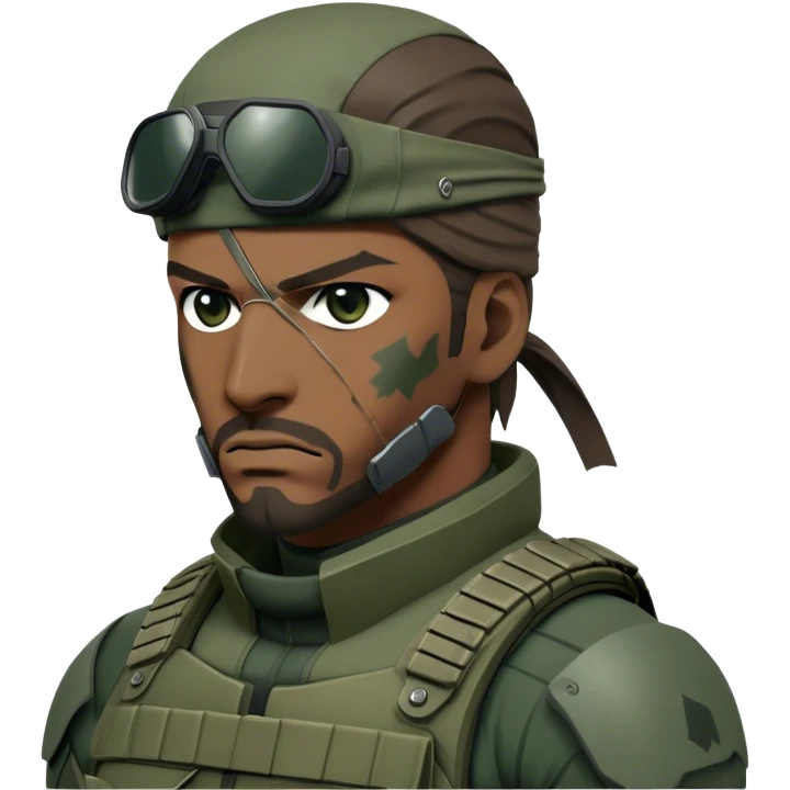Cinematic Realistic Metal Gear Solid Snake Soldier Portrait, depicted with steely determination and tactical precision. Clad in intricately detailed combat attire in consistent muted greens, browns, and blacks, his rugged, weathered features and piercing eyes exude relentless resolve. Rendered with lifelike texture and dramatic, natural lighting, high shine, noble and stealthy, capturing the essence of a legendary soldier operating in the shadows. emoji