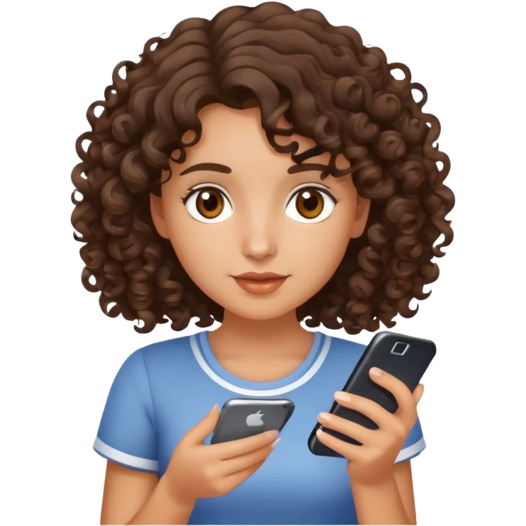 brunette girl with curly medium length hair, brown eyes, slightly tan skin, holding a phone emoji