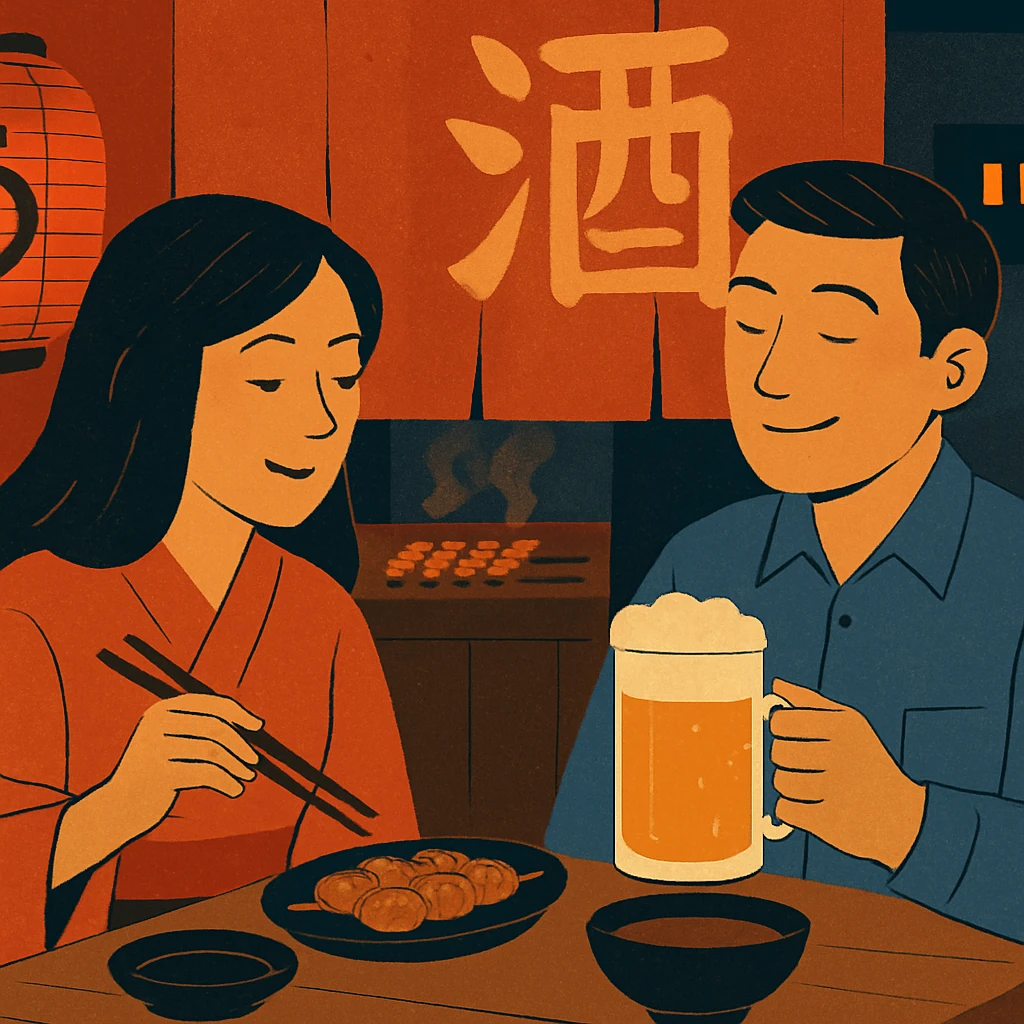 couple dining in Japanese street cafe
 emoji