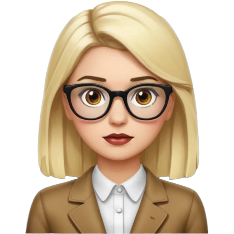 Chanel Oberlin, blonde hair, brown eyes, glasses, acne, dark eyebrows, sassy pose, apple emoji style emoji