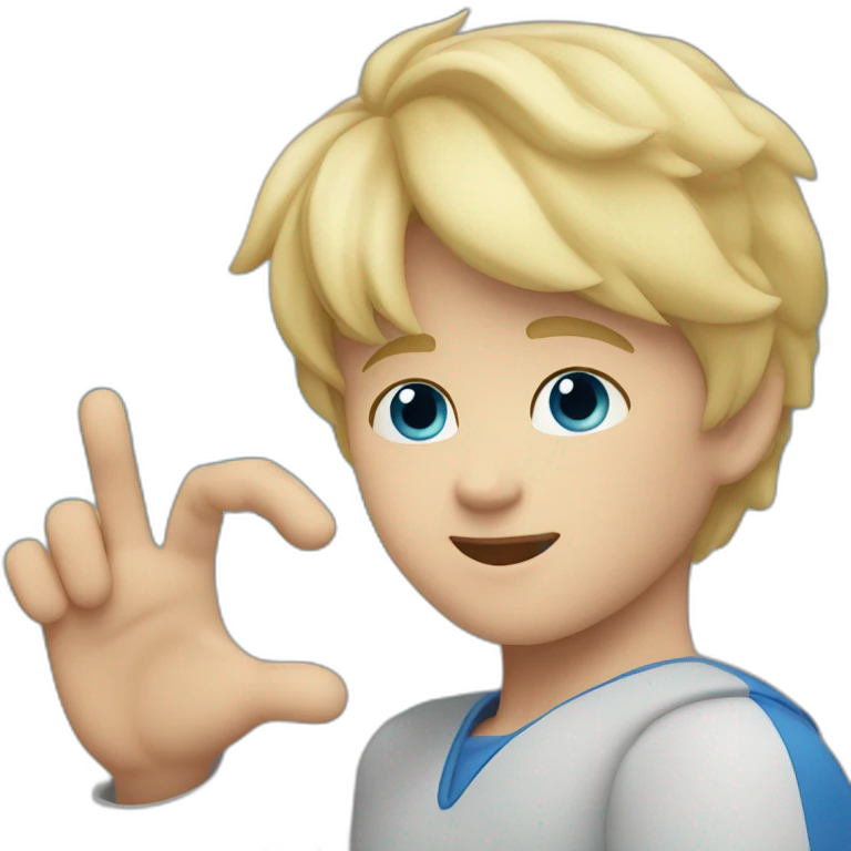 Blonde boy with medium short hair, blue eyes, waving hi to the camera emoji