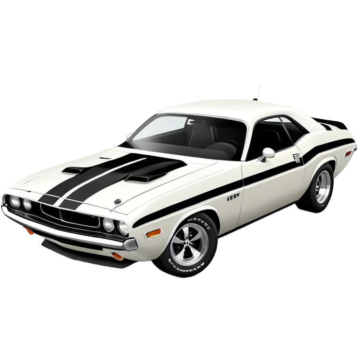 White 1971 Dodge Challenger muscle car with black racing stripes, minimalist style, vintage American muscle car, similar to the one from Death Proof movie emoji