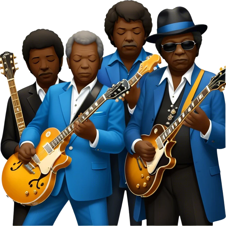 Icon for Blues Music: close-up collage of legendary blues artists. Gary Moore, Eric Clapton, B.B. King and Joe Cocker. Represented by silhouettes or symbolic items like guitars, microphones, or music notes, reflecting the soulful energy of blues music. Transparent background. emoji