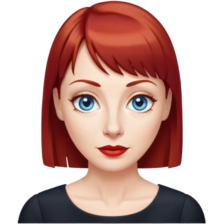Middle-aged woman with fair skin, wider oval face, blue eyes, thin eyebrows, small nose, red lips, dark red hair with straight bangs, age-appropriate features, wearing a black blouse emoji