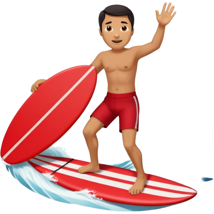 50 year old, dark haired, tan, red shorts man riding a big wave emoji