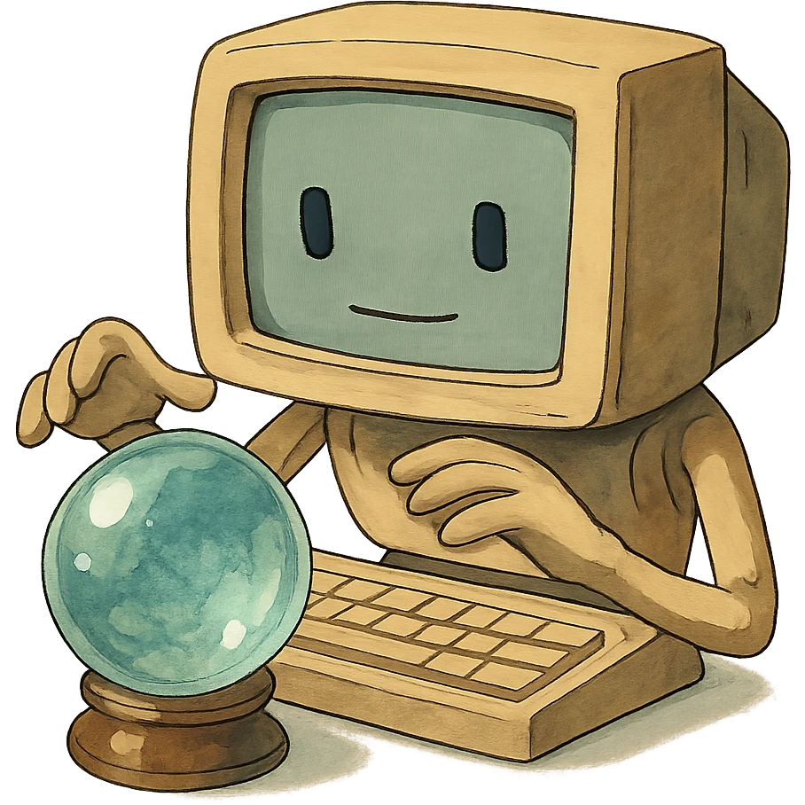 ghibli style computer reading a crystal ball emoji
