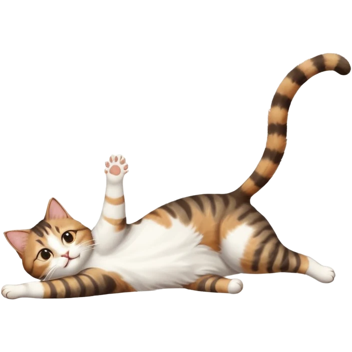 brown tabby and white cat with doing a big extremely long stretch reaching up into the air with arms and legs side by side together straight and overextended whilst lying on its side emoji