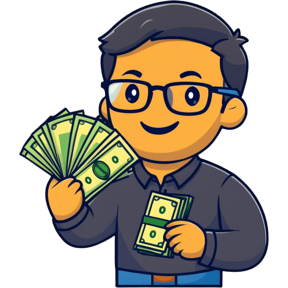 Indian finance bro with glasses, smiling, holding a stack of money, cartoon sticker emoji
