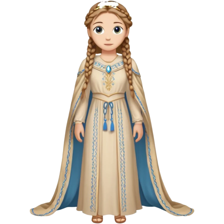 Joven de unos 30 años, de aspecto dulce, elegante.
Piel clara, ojos (pueden ser azules o verdes)
castaño claro largo, con trenzas.
Vestido largo de tonos suaves (blanco, azul o lavanda), con bordados dorados; un manto o toca fina cubriendo la cabeza. Que se vea todo el cuerpo de pies a cabeza emoji