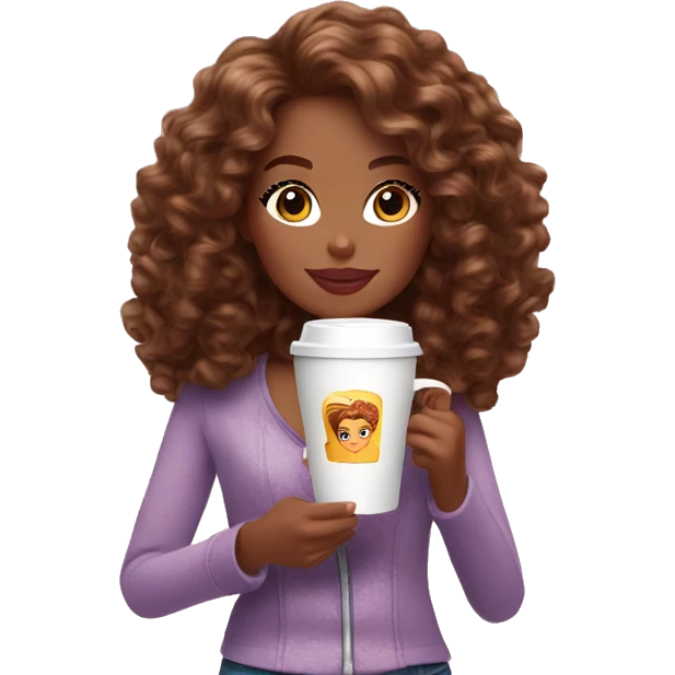 Barbie girl with brown curly hair drinking coffee  emoji