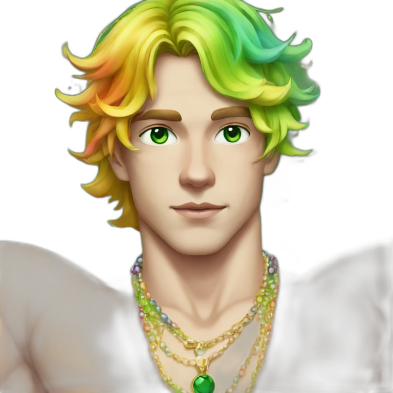 Posh-muscle-boy-green-eyes-rainbow-hair-pearl-necklace-in-golden-bathtub emoji