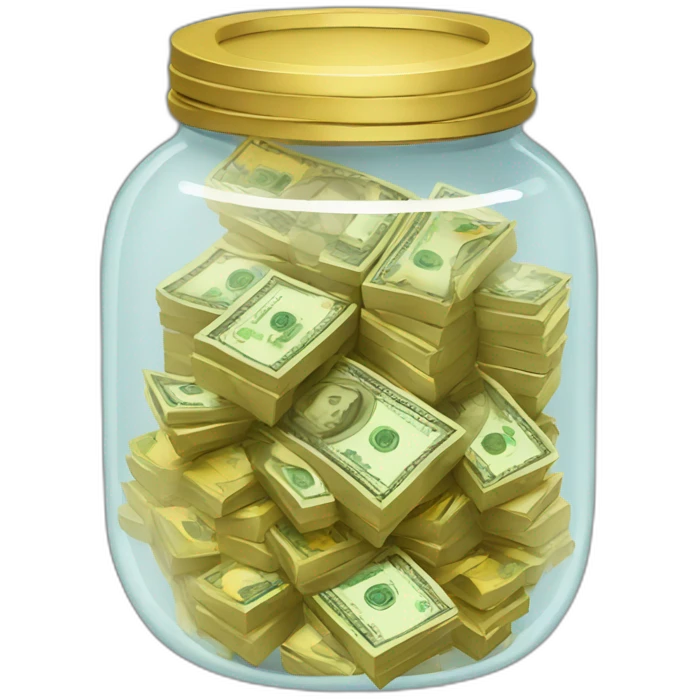 A clear jar with no lid overflowing with stacks of cash and gold  emoji