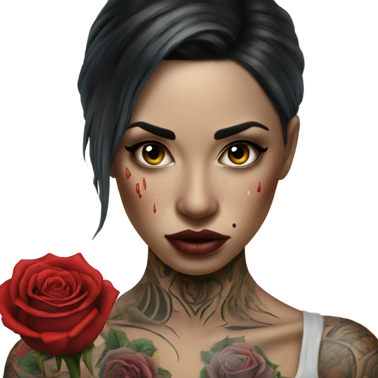 Hyper Realistic Beautiful tattooed woman crying holding a rose emoji