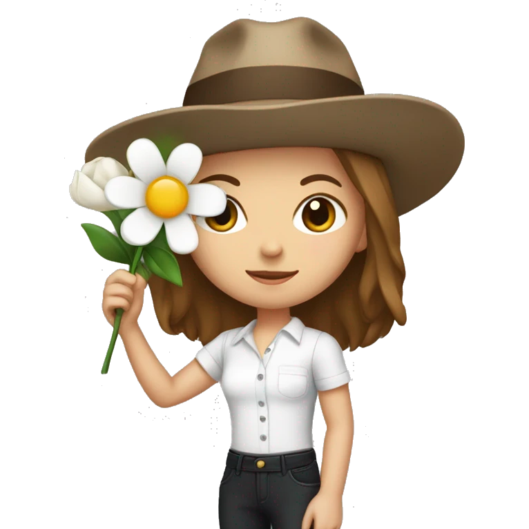 white girl with a flower in her hand, with a hat, shoulder-length brown straight hair, wearing jumpsuit with white shirt in it emoji