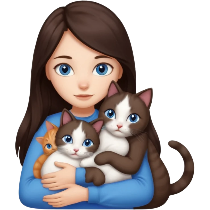 a girl with long dark 
brown hair, with blue eyes, hugs 3 different natural coloured cats emoji